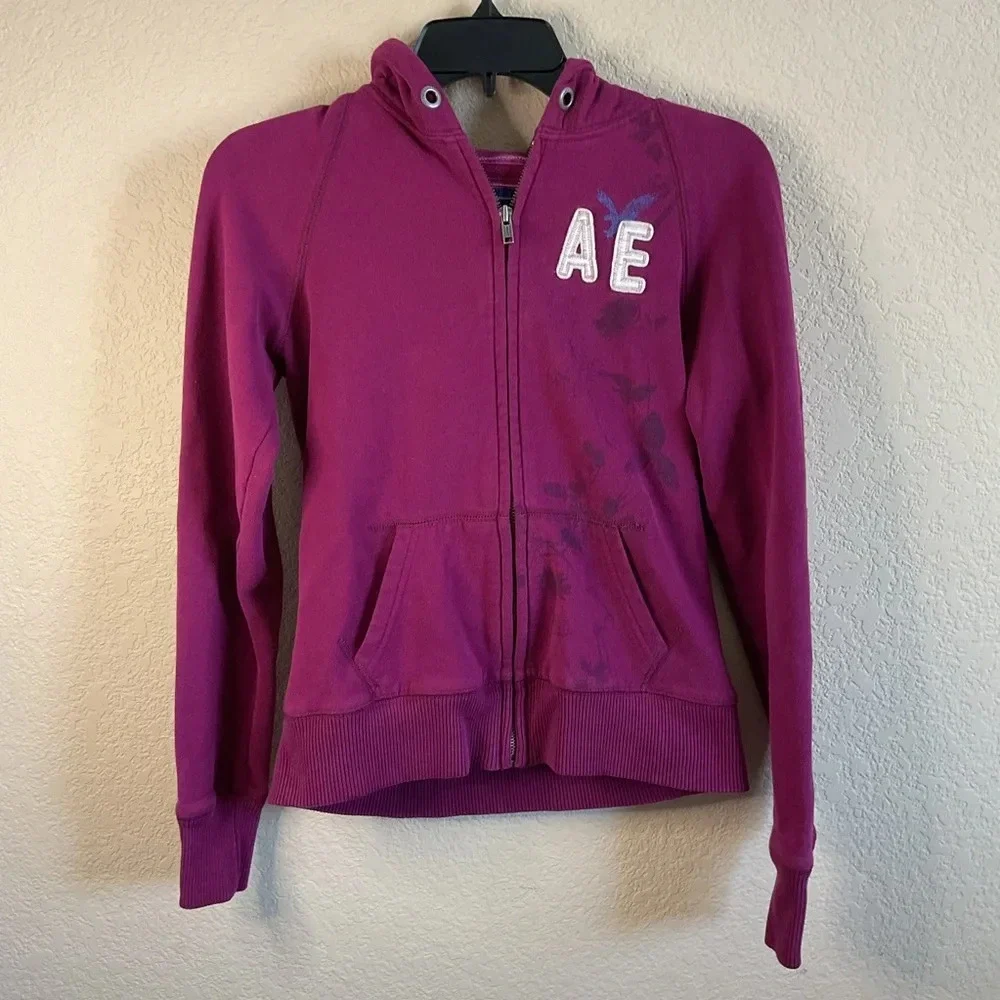 American Eagle Womens Small Zip Up Hooded Graphic Jacket Y2K Casual - Picture 1 of 7